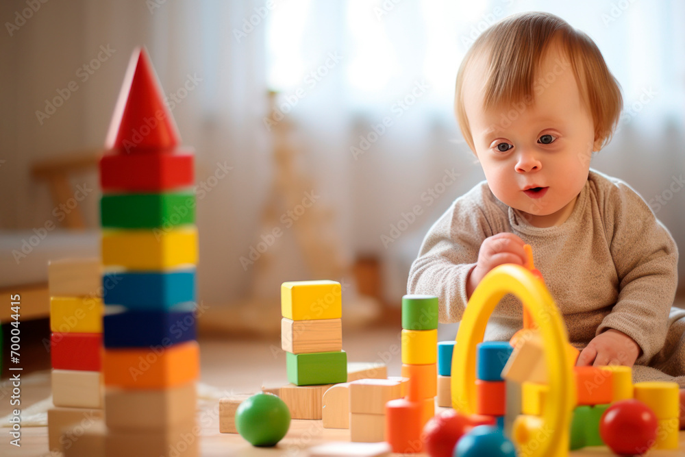 Obraz premium child with down syndrome plays with educational toys and smiles