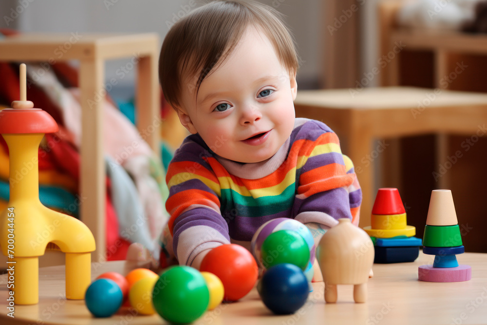 Obraz premium child with down syndrome plays with educational toys and smiles