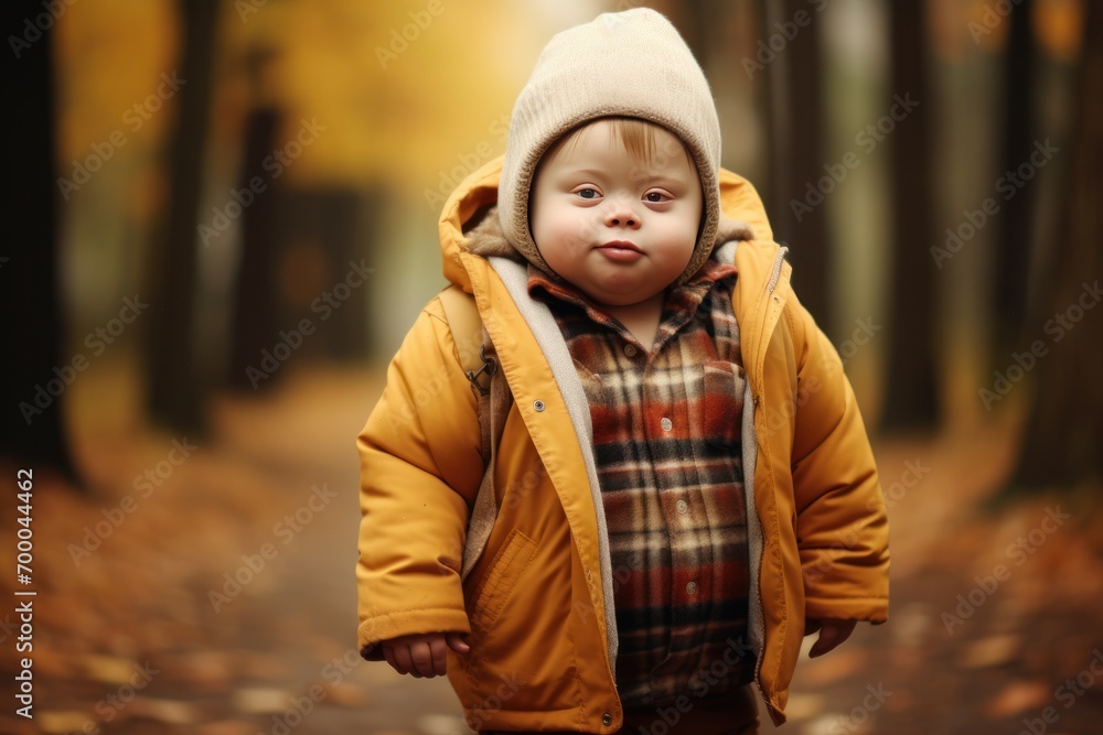 a child with down syndrome walks in the park and smiles at the camera a child with down syndrome walks in the park and smiles at the camera