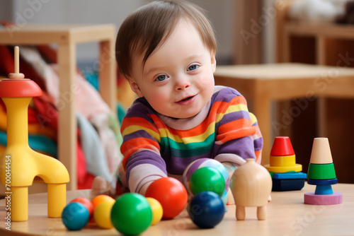 child with down syndrome plays with educational toys and smiles