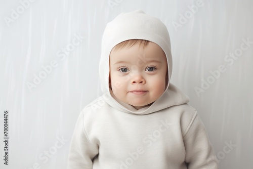 child boy with down syndrome smiling at the camera