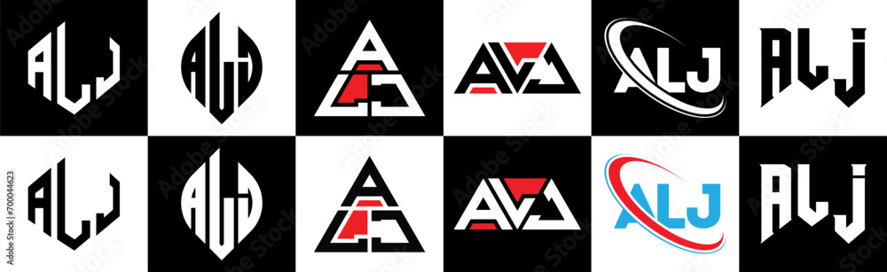 ALJ letter logo design in six style. ALJ polygon, circle, triangle, hexagon, flat and simple style with black and white color variation letter logo set in one artboard. ALJ minimalist and classic logo ALJ letter logo design in six style. ALJ polygon, circle, triangle, hexagon, flat and simple style with black and white color variation letter logo set in one artboard. ALJ minimalist and classic logo