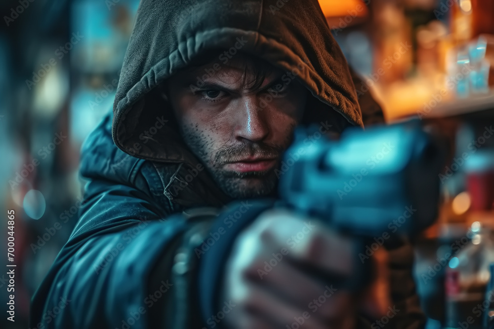 Portrait of an angry aggressive robber thief pointing a weapon at camera while standing in a store. Robbery, crime