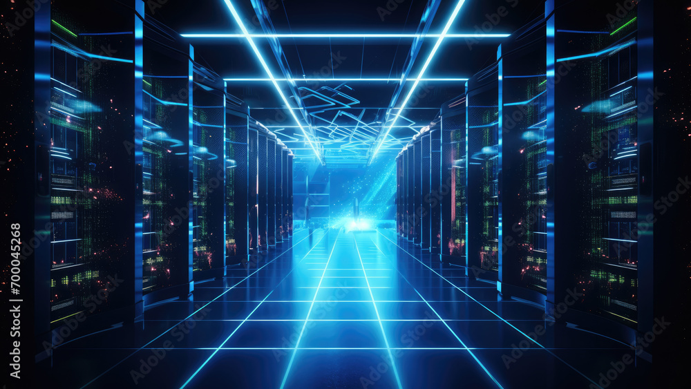 Fototapeta premium Glowing Pathway: Neon Tunnel with Line Marking Creating a Mesmerizing Scene