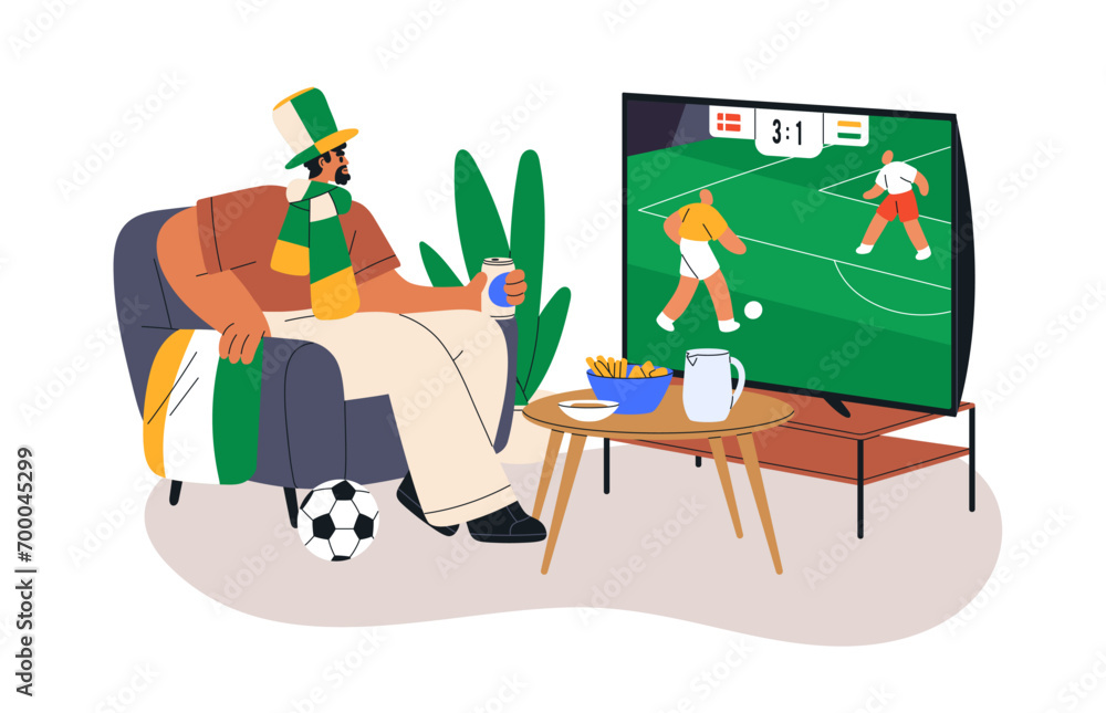 Fototapeta premium Football fan watching sport match, game on TV. Man supporting, cheering for soccer on television screen, sitting with snacks at home. Flat graphic vector illustrations isolated on white background