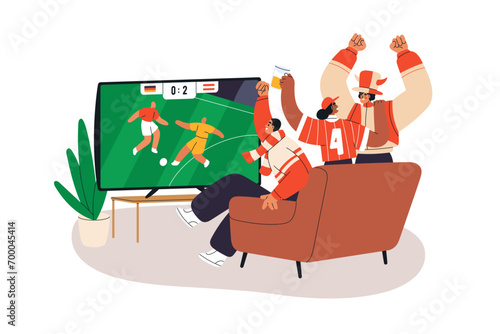 Football fans watching TV, celebrating victory, goal, winning score. Happy friends watch soccer match, championship on television screen. Flat graphic vector illustration isolated on white background