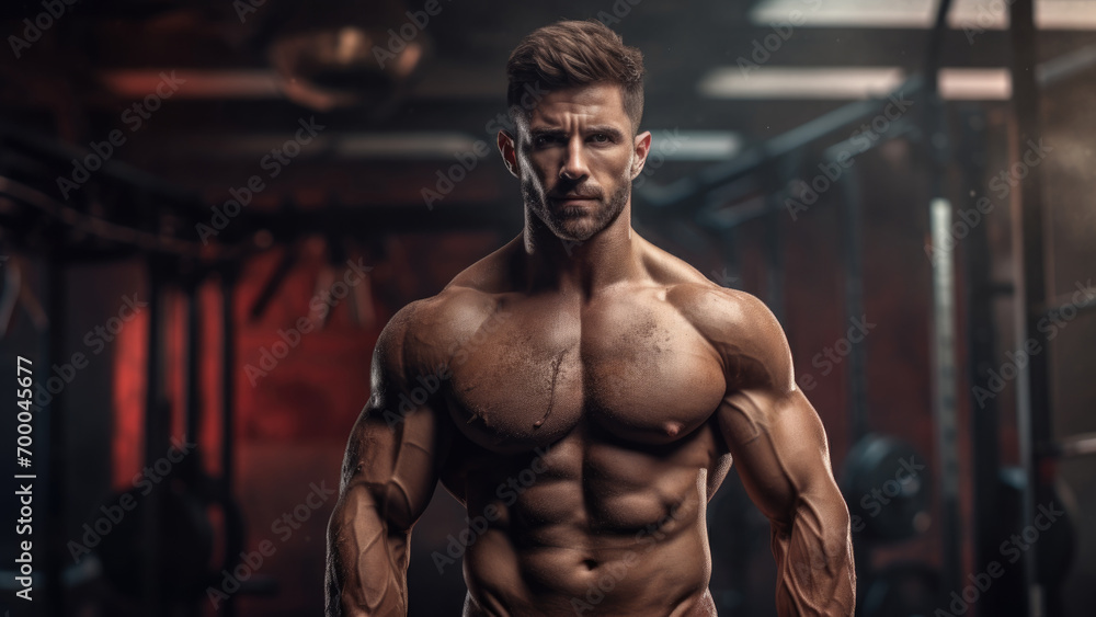 Fototapeta premium Bodybuilding Routine: Fit Man with a Sculpted Physique Training in the Gym