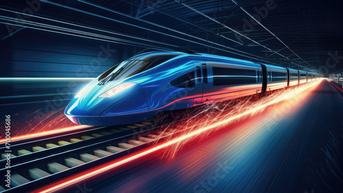 Future Railways: Speedy Train with Neon Features against Urban High-Rises