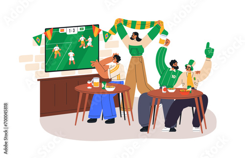 Soccer fans watching TV, sport match in cafe, restaurant. People cheering, celebrating score. Characters watch television with beer. Flat graphic vector illustration isolated on white background
