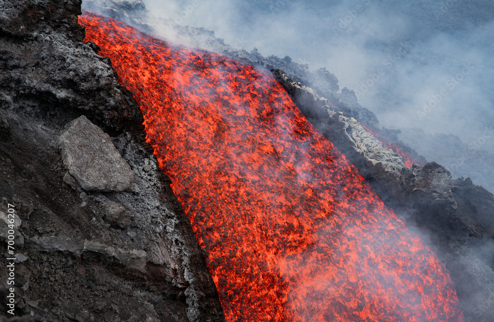Eruptive vent with lava emis at the top of the Etna volcano