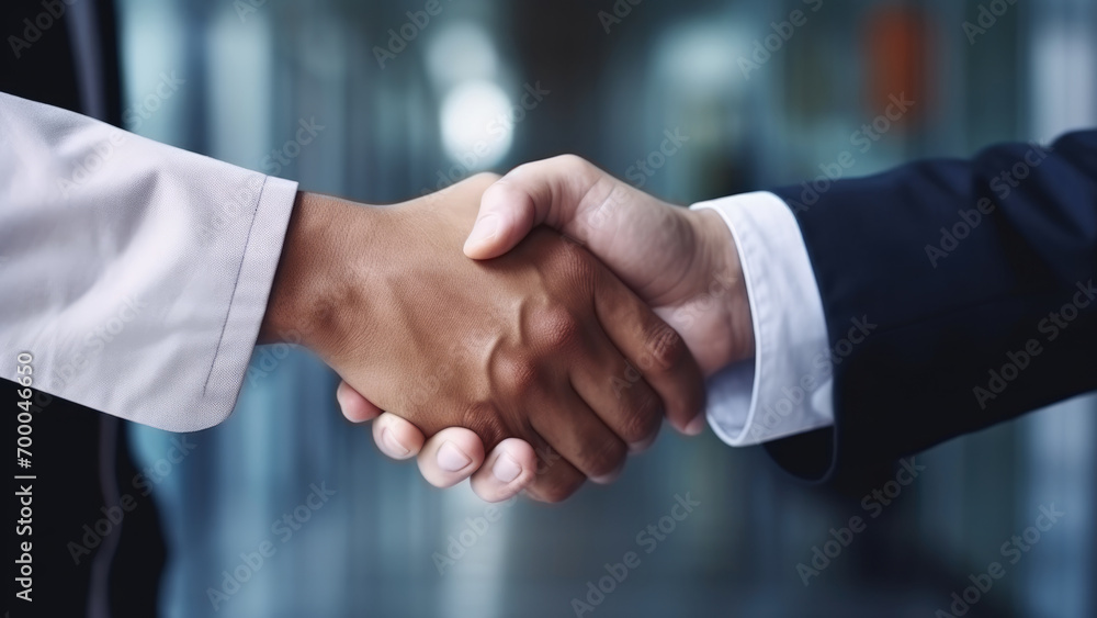 Medical Unity: Two Friendly Doctors Shaking Hands, Demonstrating Mutual Respect Medical Unity: Two Friendly Doctors Shaking Hands, Demonstrating Mutual Respect