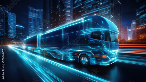 Fast Lane Logistics: Neon-Trimmed Truck against a Futuristic Skyline