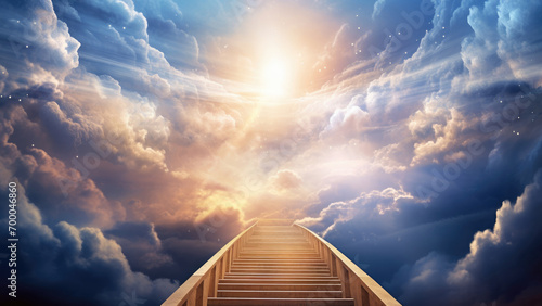 Path to Paradise: Staircase Ascending to Heaven Amidst Sunbeams and Clouds