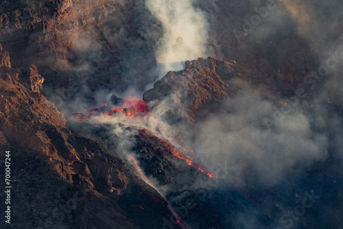 Eruptive vent with lava emis at the top of the Etna volcano