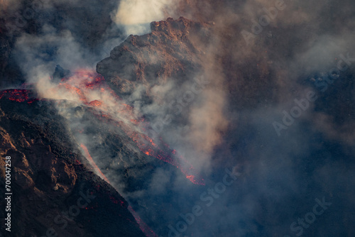 Eruptive vent with lava emis at the top of the Etna volcano