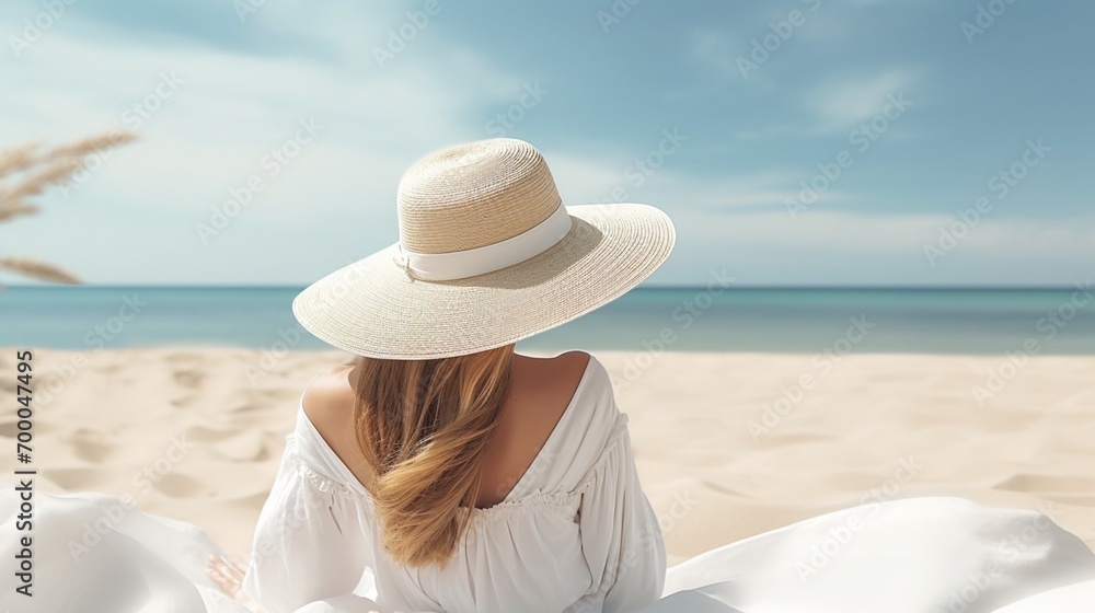 Woman laying on the beach with white hat