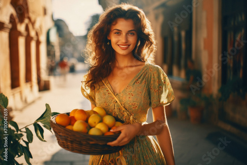 woman smiling with a basket of fruits on the street photo