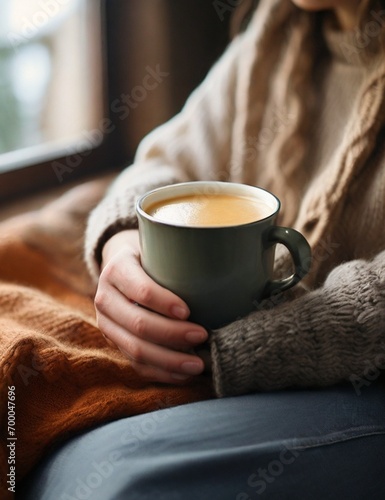 Embracing the warmth indoors, a woman's hands clad in a cozy sweater delicately hold a cup of hot coffee, creating a tranquil still life composition that speaks to the soothing rituals of enj......... photo