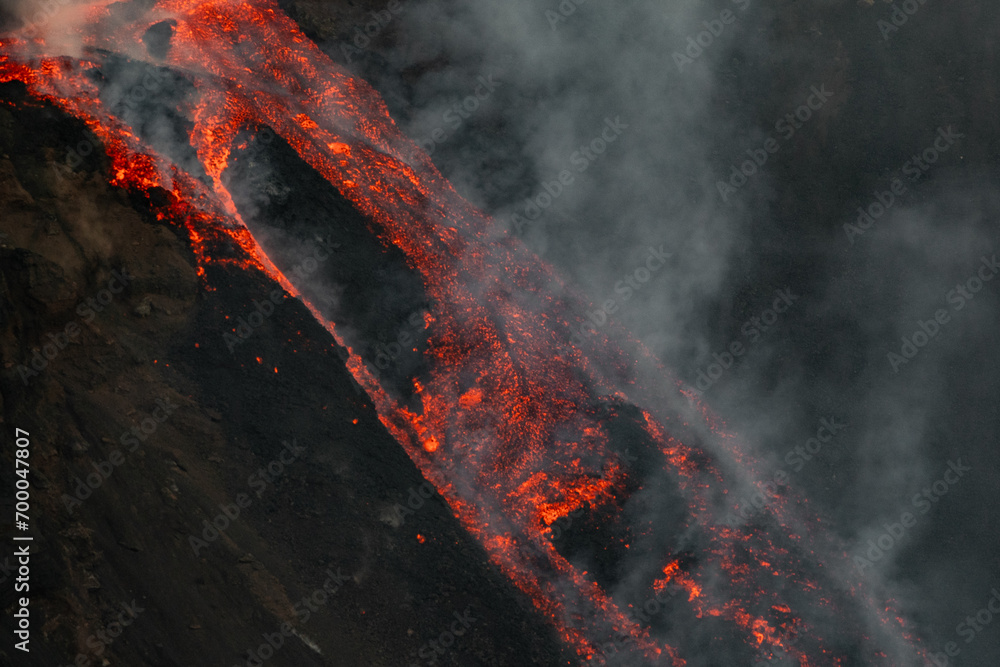 Eruptive vent with lava emis at the top of the Etna volcano