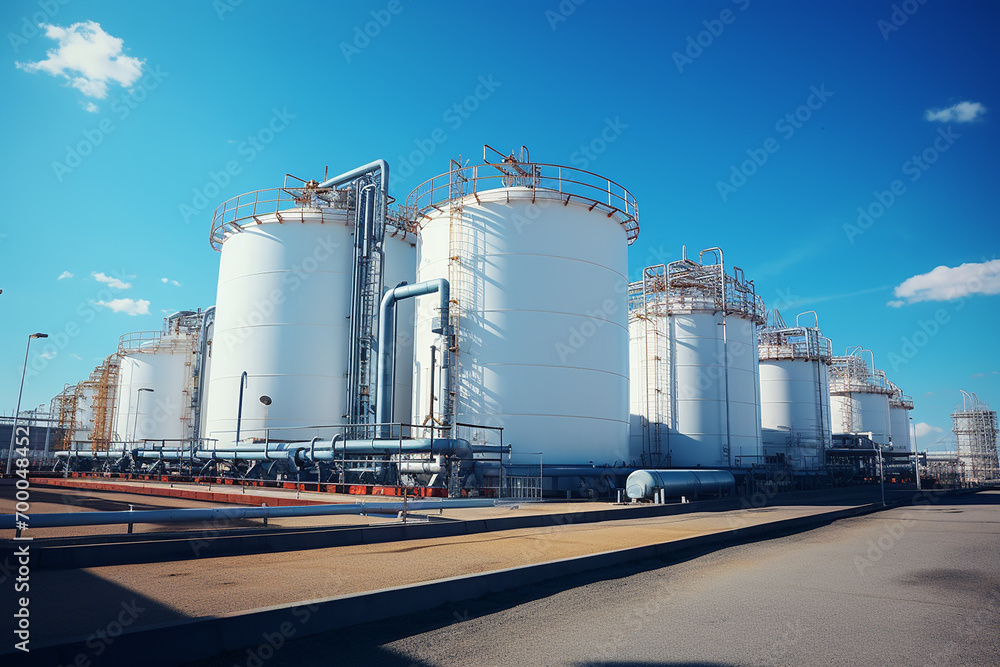 The hydrogen power plant, large steel tanks, and pipes Clean the H2 energy concept The hydrogen power plant, large steel tanks, and pipes Clean the H2 energy concept
