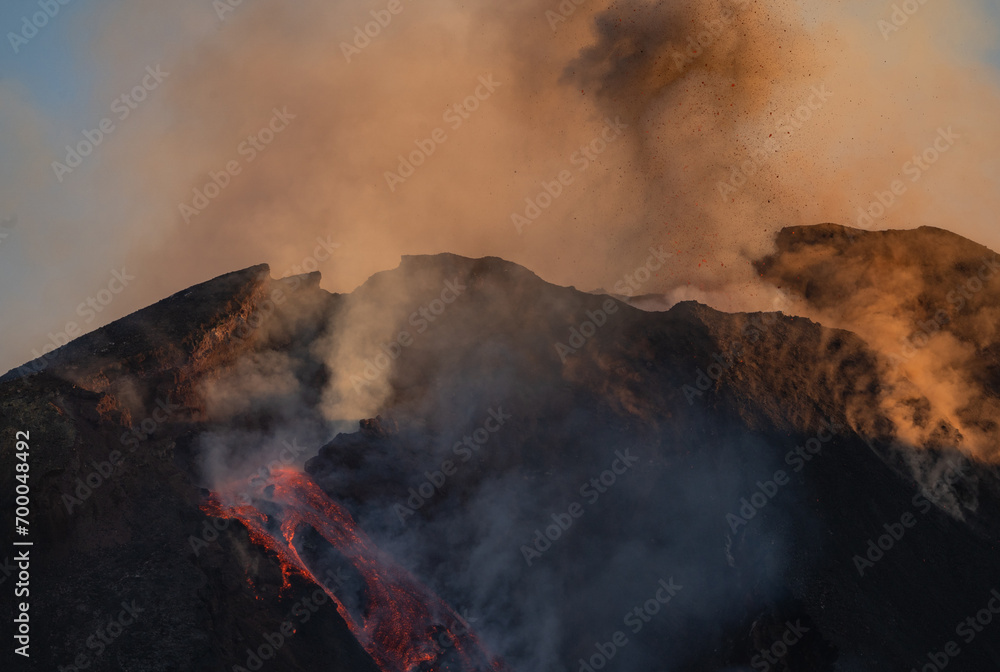 Eruptive vent with lava emis at the top of the Etna volcano