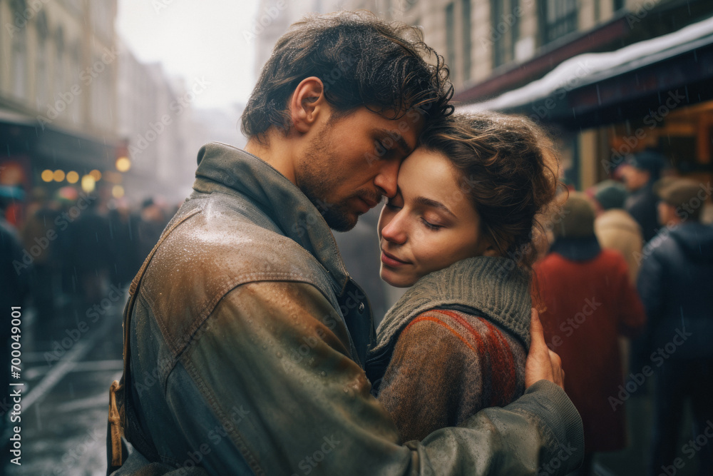 Fototapeta premium Couple of young people hugging on the street