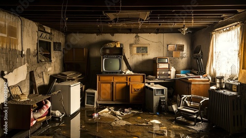 home's flooded basement with waterlogged possessions, to portray the emotional impact of property damage photo