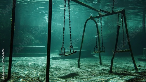 children's playground underwater, with swings and slides peeking through, symbolizing interrupted innocence
