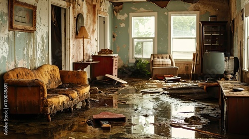 flooded living room, furniture floating and personal belongings scattered, showcasing the devastating personal impact of a flood © Filip