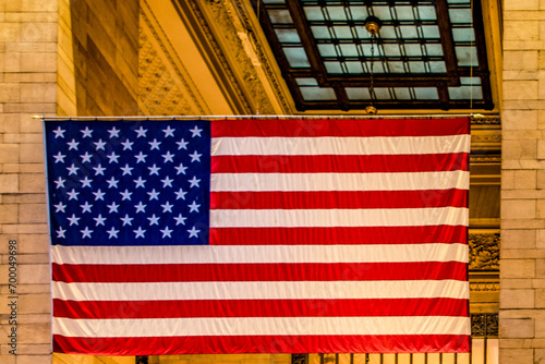 Panoramic view of the American flag at Grand Central Terminal New York's Grand Central Terminal, located in Midtown Manhattan in the Big Apple.