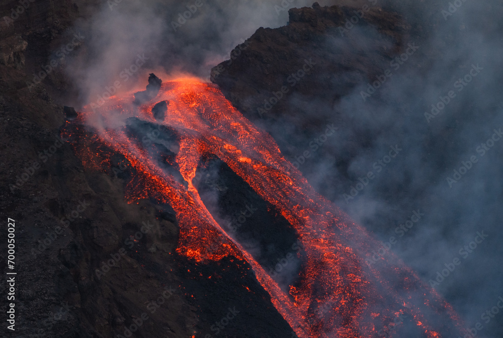 Eruptive vent with lava emis at the top of the Etna volcano