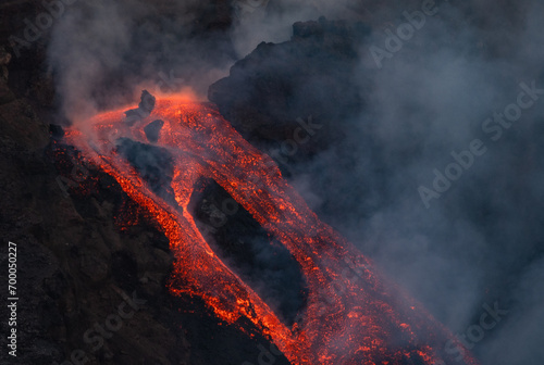 Eruptive vent with lava emis at the top of the Etna volcano