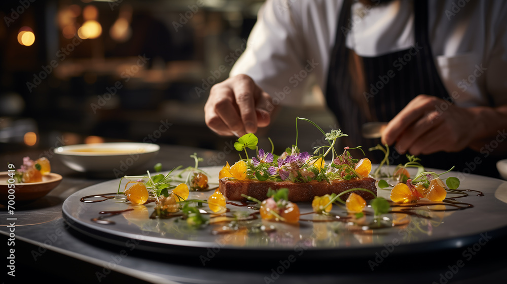 Gourmet Professional chef prepares a tasty and visually stunning dish on a plate showcasing the artistry and skill of Michelin-starred restaurant cuisine Gourmet culinary concept for wedding dinner