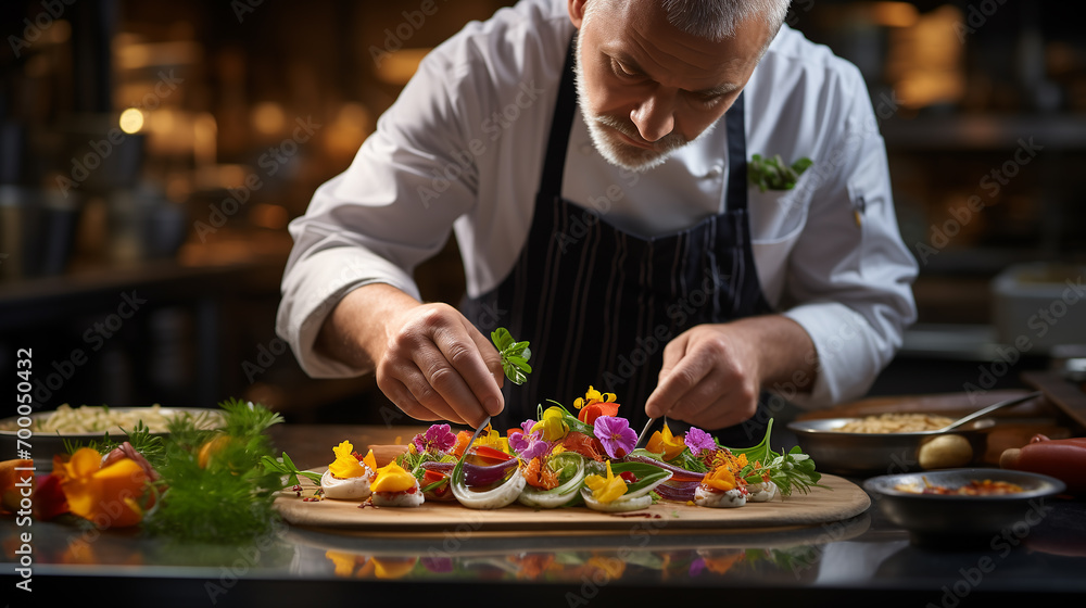 Gourmet Professional chef prepares a tasty and visually stunning dish on a plate showcasing the artistry and skill of Michelin-starred restaurant cuisine Gourmet culinary concept for wedding dinner