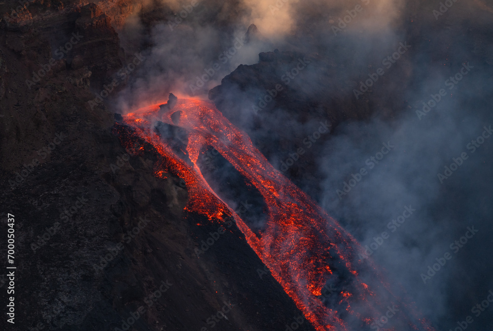 Eruptive vent with lava emis at the top of the Etna volcano