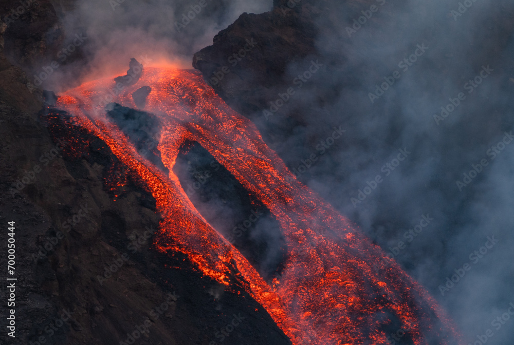 Eruptive vent with lava emis at the top of the Etna volcano