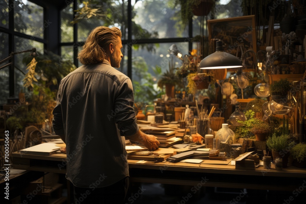 Creative entrepreneur in a moment of reflection amid the imaginative atmosphere of their design studio, Generative AI Creative entrepreneur in a moment of reflection amid the imaginative atmosphere of their design studio, Generative AI