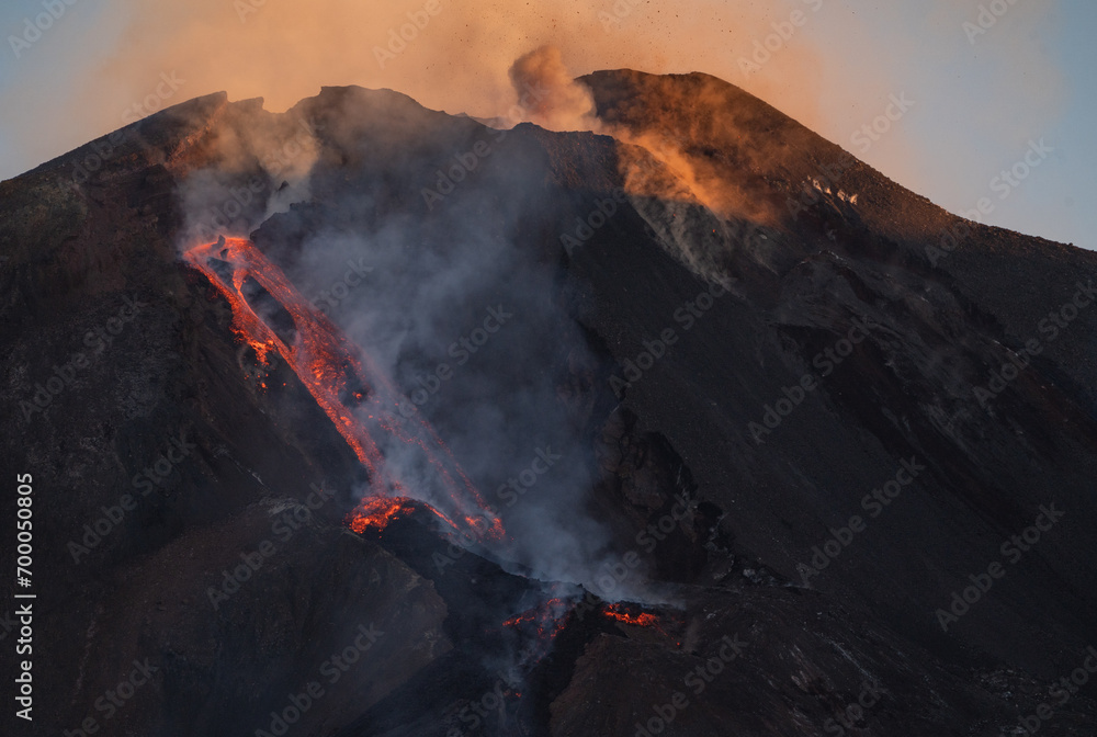 Eruptive vent with lava emis at the top of the Etna volcano