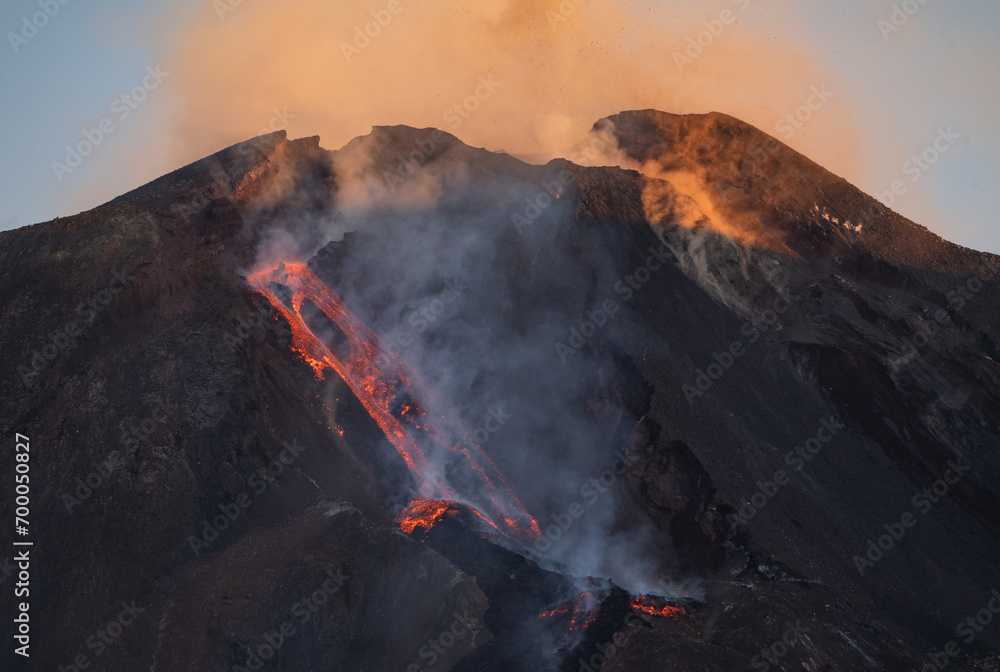 Eruptive vent with lava emis at the top of the Etna volcano