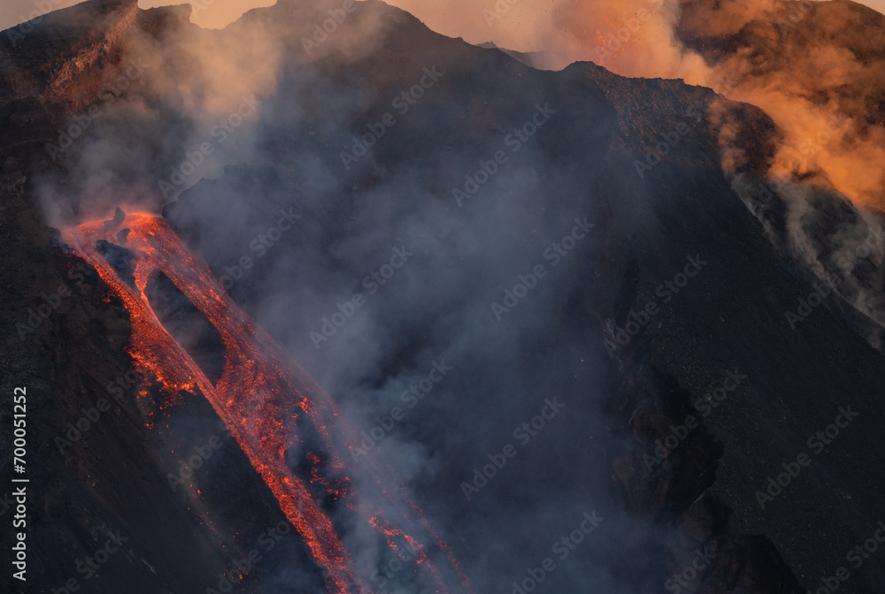 Eruptive vent with lava emis at the top of the Etna volcano