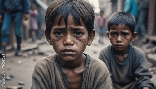Stampa su tela Harsh reality of impoverished children on the streets, begging for survival