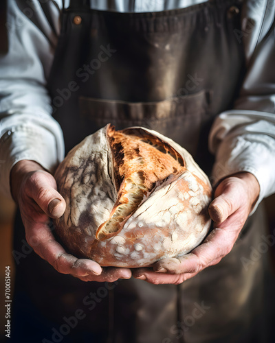 A baker holding a delicious fresh bread- Food design