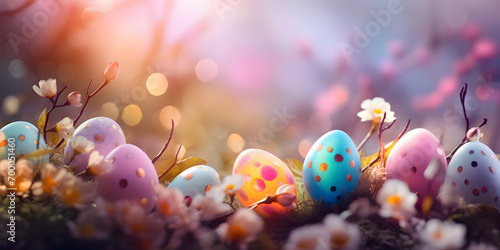 Color easter eggs and fairy nature background - Celebration design photo