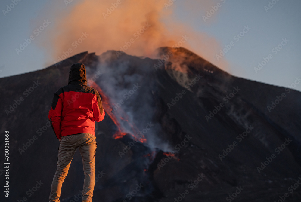 Eruptive vent with lava emis at the top of the Etna volcano