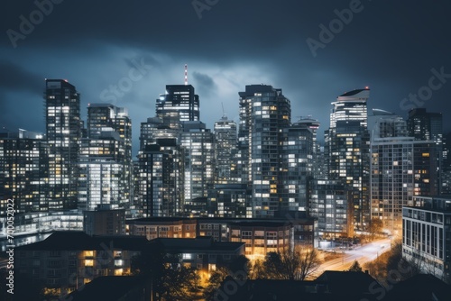 Nighttime city scene with dark concrete buildings illuminated by vibrant city lights, Generative AI © ManusiaIkan