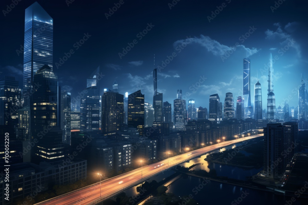 Nighttime city scene with dark concrete buildings illuminated by vibrant city lights, Generative AI