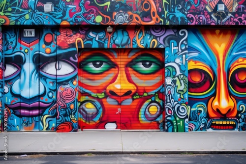 Street art gallery with dark concrete walls showcasing a kaleidoscope of vivid colors, Generative AI © ManusiaIkan