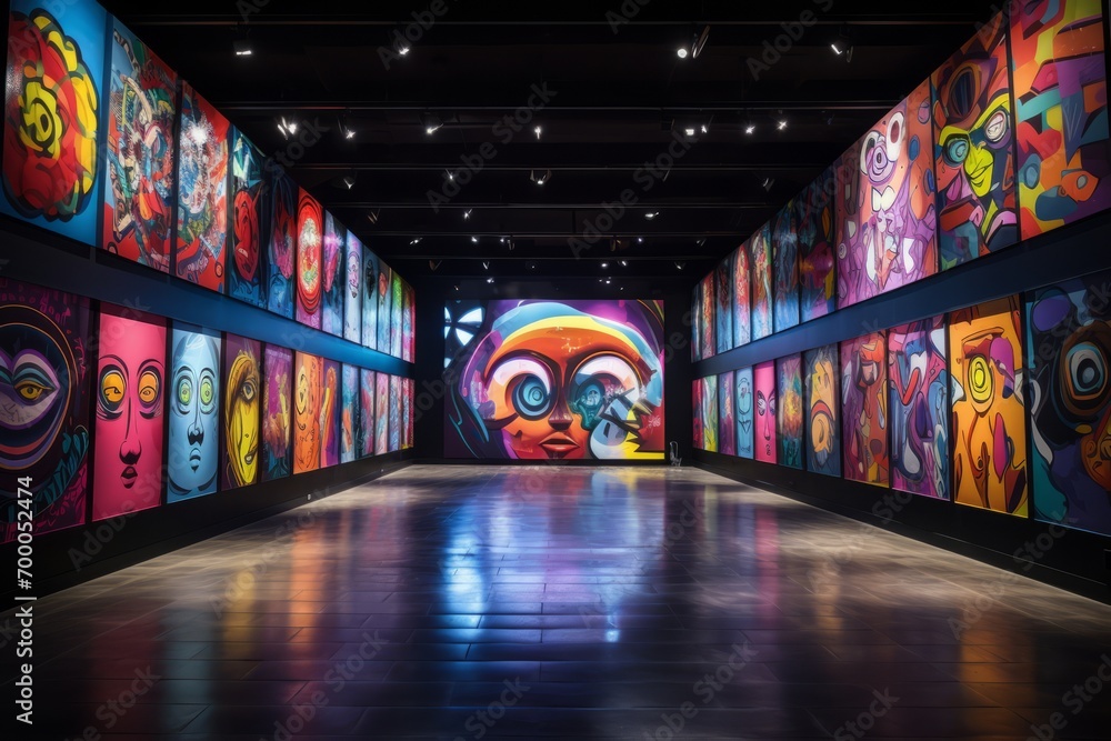 Street art gallery with dark concrete walls showcasing a kaleidoscope of vivid colors, Generative AI