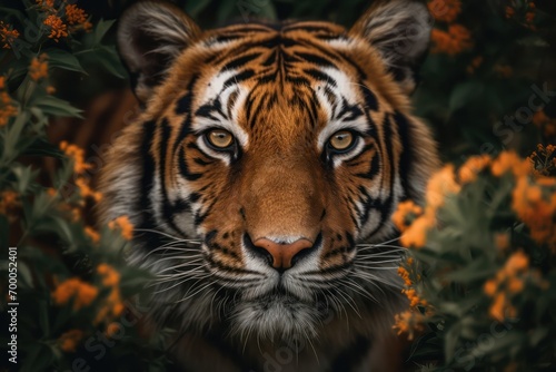 close up view of a tigers face surrounded by flowers