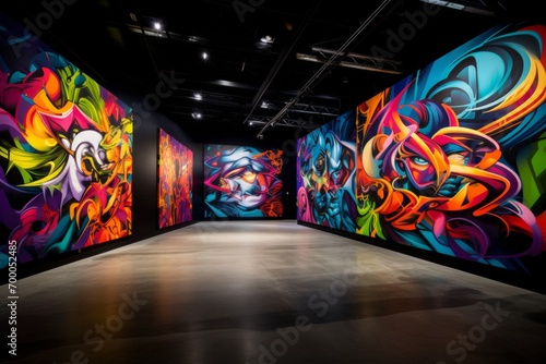 Street art gallery with dark concrete walls showcasing a kaleidoscope of vivid colors, Generative AI